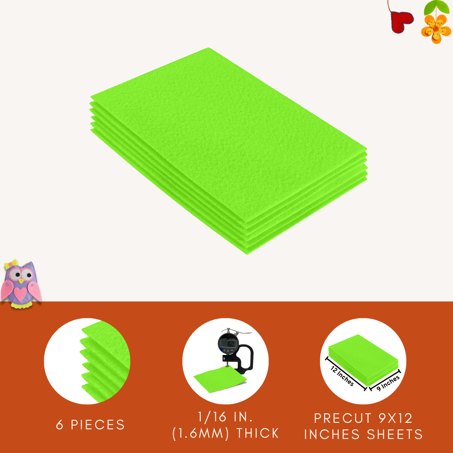 FabricLA Acrylic Felt 9"X12" Sheet Packs | Neon Green - Prismatic Fiber Arts