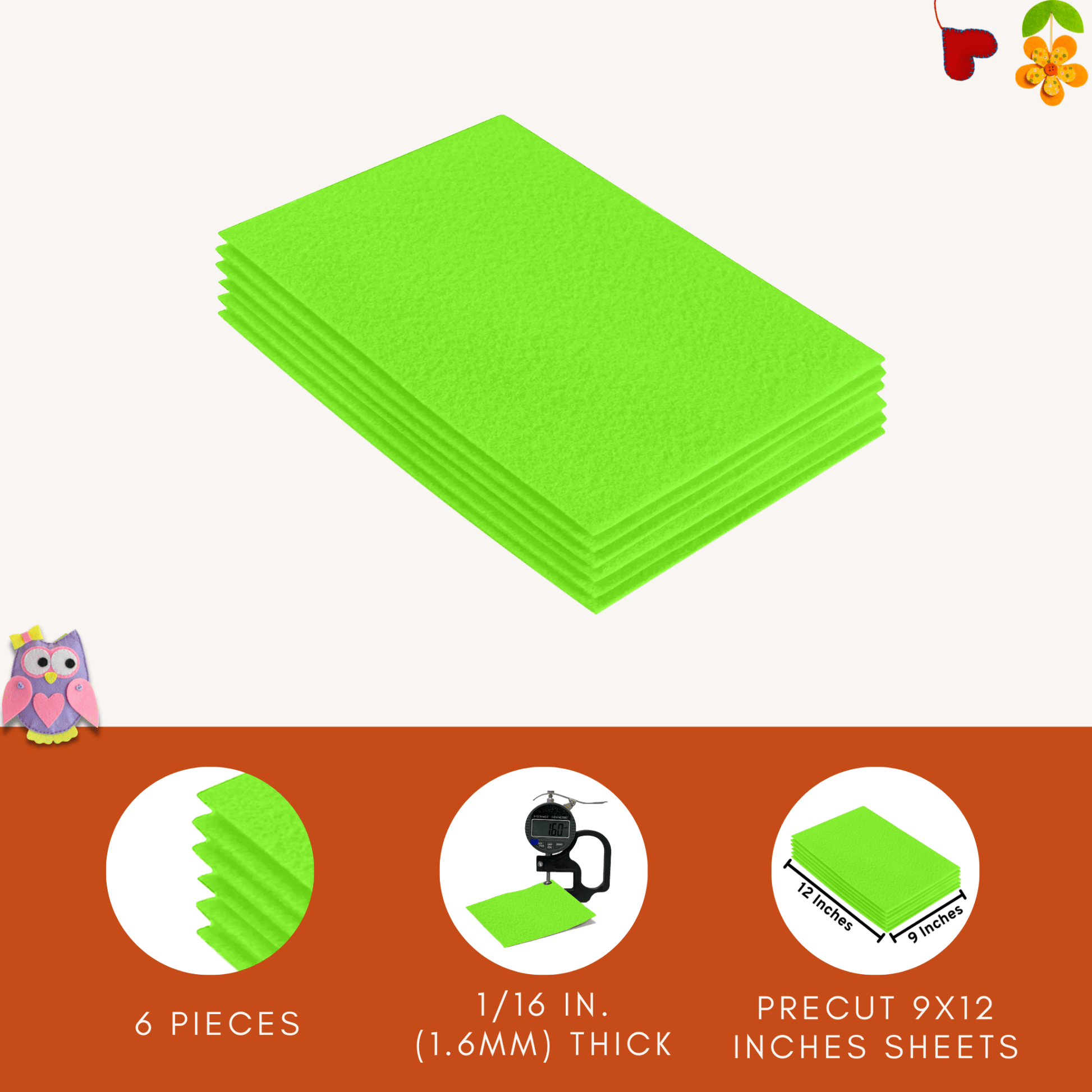 FabricLA Acrylic Felt 9"X12" Sheet Packs | Neon Green - Prismatic Fiber Arts