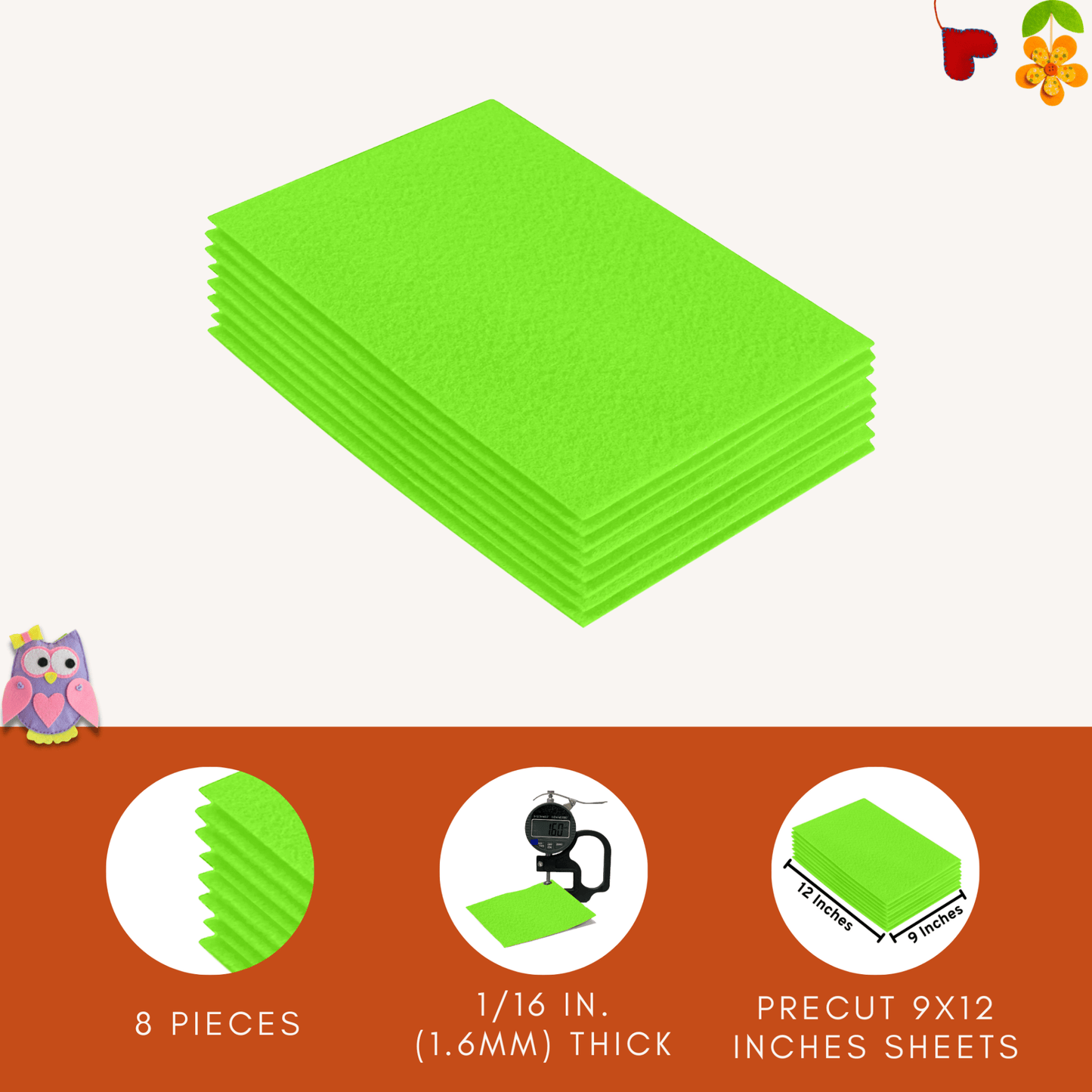 FabricLA Acrylic Felt 9"X12" Sheet Packs | Neon Green - Prismatic Fiber Arts