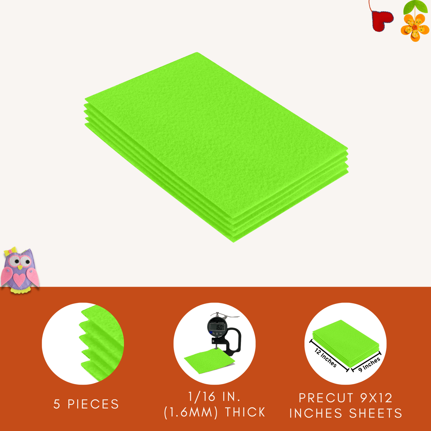 FabricLA Acrylic Felt 9"X12" Sheet Packs | Neon Green - Prismatic Fiber Arts