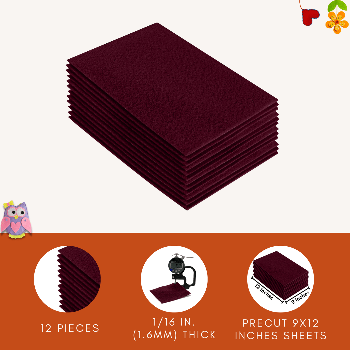 FabricLA Acrylic Felt 9"X12" Sheet Packs | Burgundy - Prismatic Fiber Arts