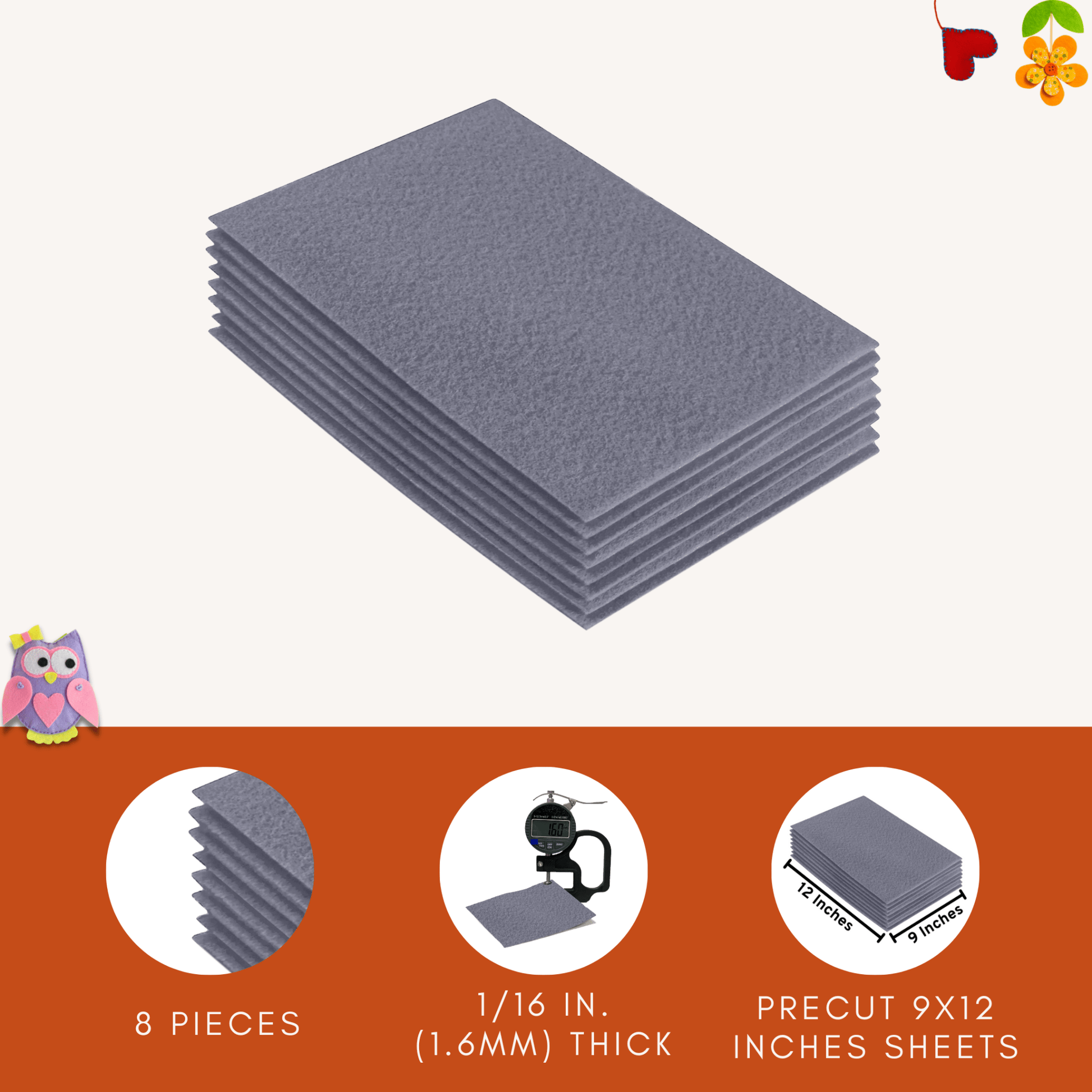 FabricLA Acrylic Felt 9"X12" Sheet Packs | Grey - Prismatic Fiber Arts