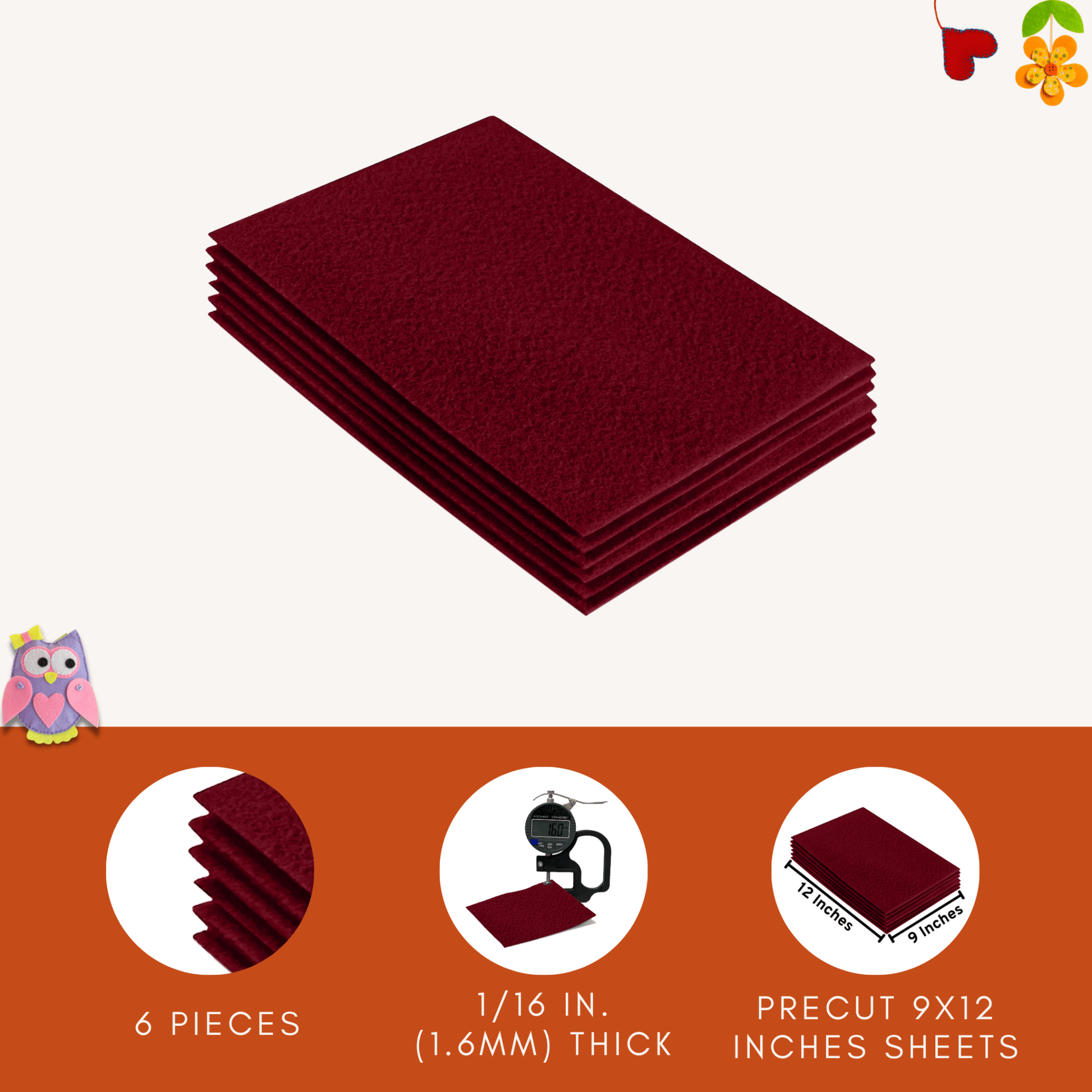 FabricLA Acrylic Felt 9"X12" Sheet Packs | Dark Red - Prismatic Fiber Arts