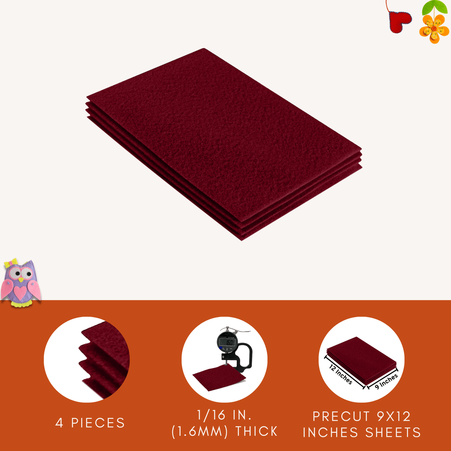 FabricLA Acrylic Felt 9"X12" Sheet Packs | Dark Red - Prismatic Fiber Arts