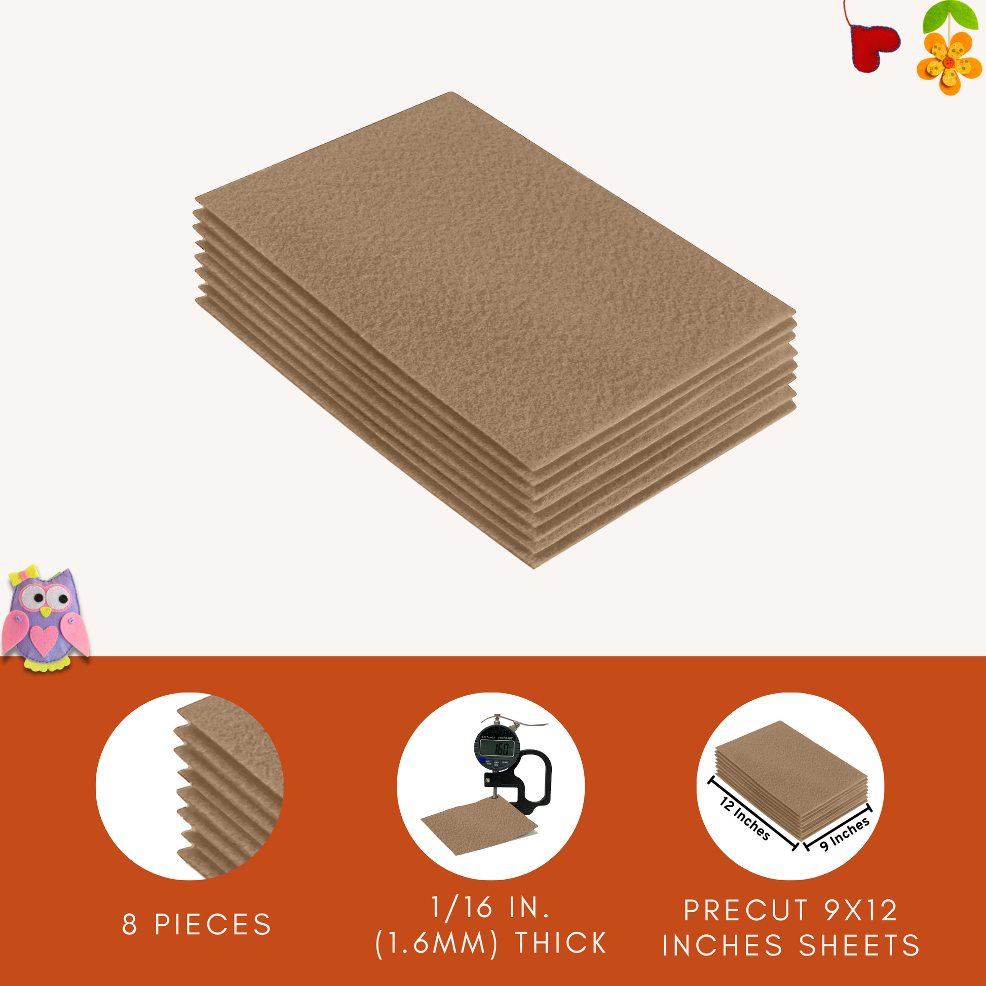Taupe Felt Fabric Sheets – 9"x12" | Soft & Durable Craft Felt - Prismatic Fiber Arts