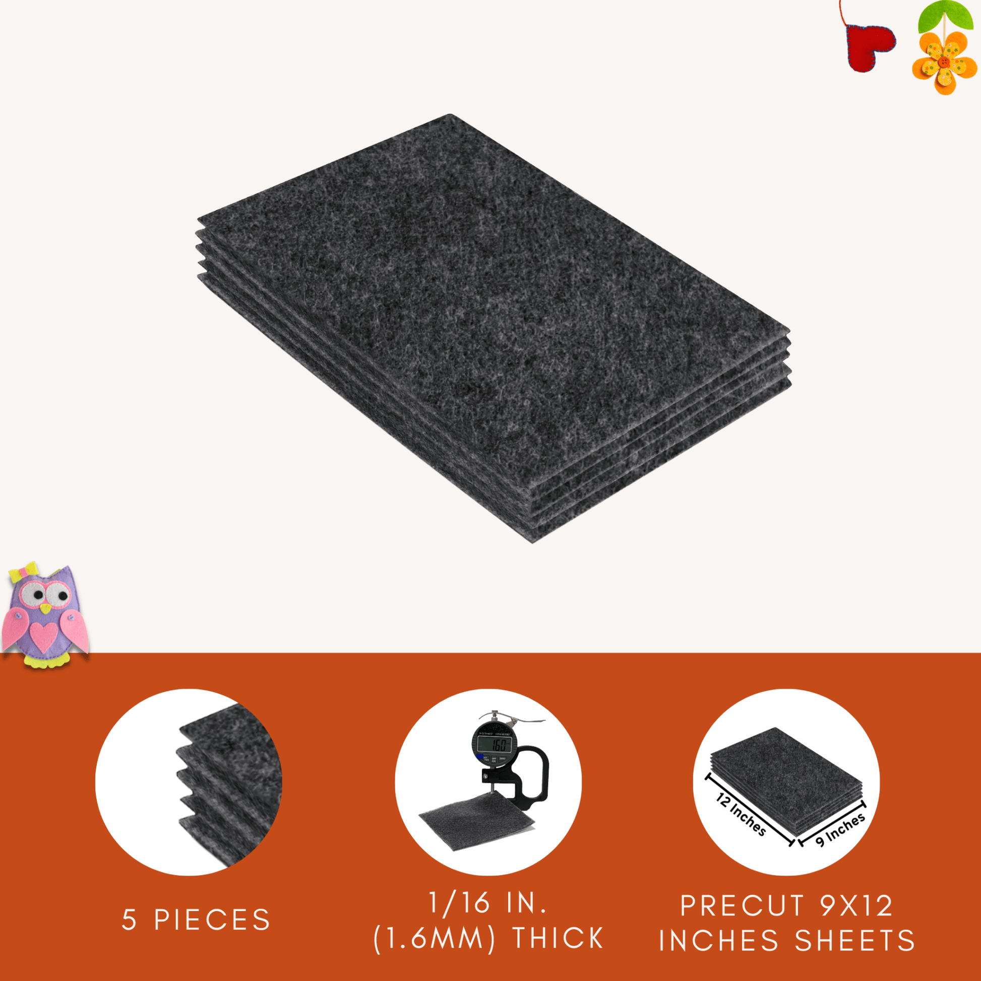 FabricLA Acrylic Felt 9"X12" Sheet Packs | Charcoal - Prismatic Fiber Arts