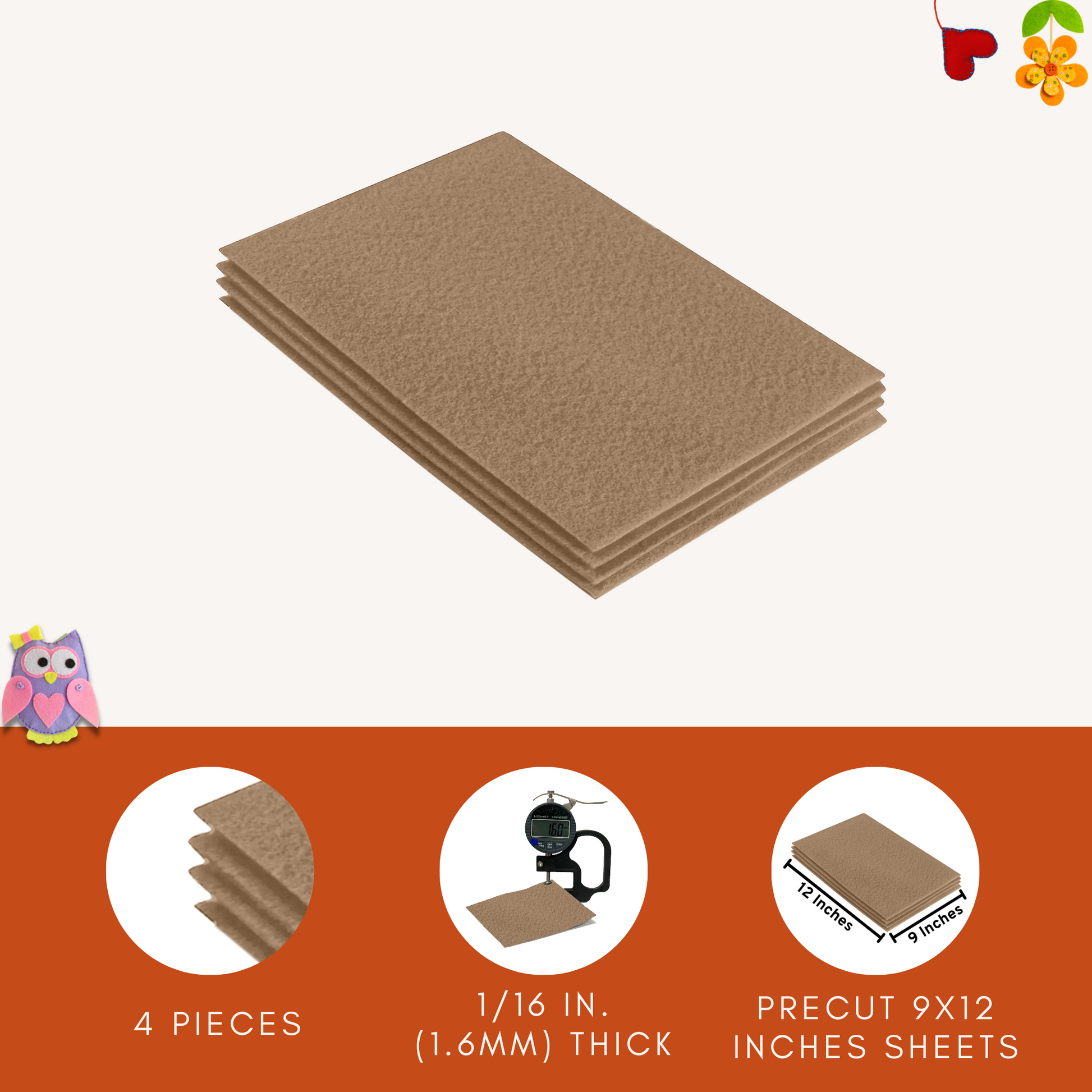 Taupe Felt Fabric Sheets – 9"x12" | Soft & Durable Craft Felt - Prismatic Fiber Arts