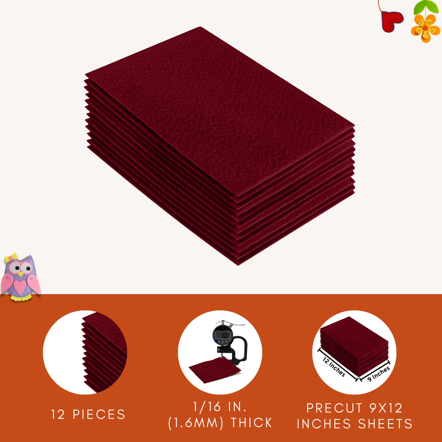 FabricLA Acrylic Felt 9"X12" Sheet Packs | Dark Red - Prismatic Fiber Arts