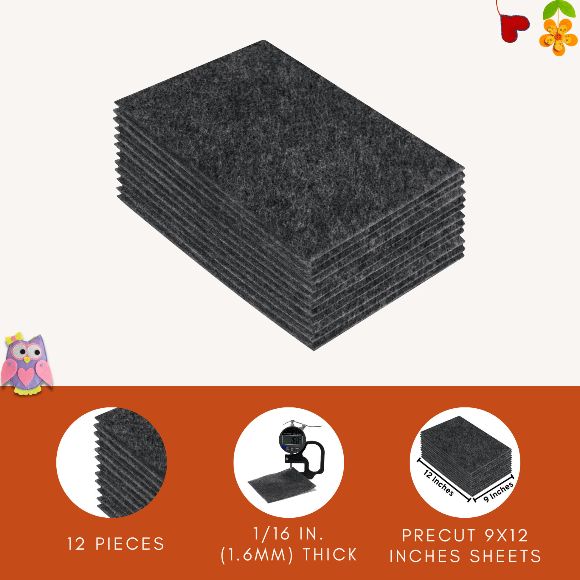 FabricLA Acrylic Felt 9"X12" Sheet Packs | Charcoal - Prismatic Fiber Arts