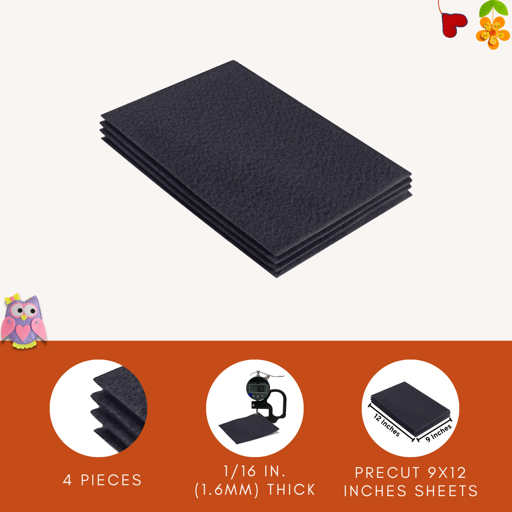 FabricLA Acrylic Felt 9"X12" Sheet Packs | Dark Gray - Prismatic Fiber Arts