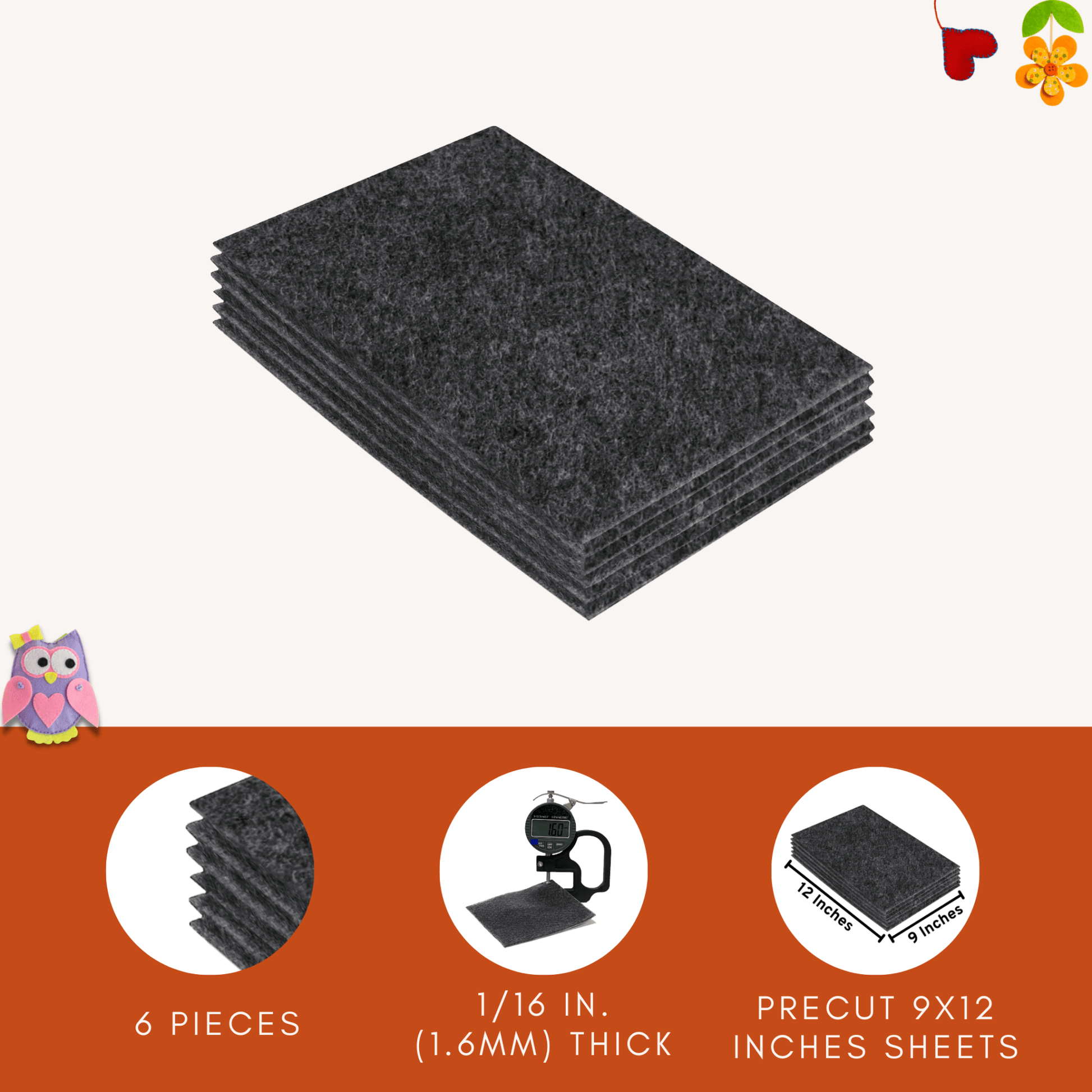 FabricLA Acrylic Felt 9"X12" Sheet Packs | Charcoal - Prismatic Fiber Arts