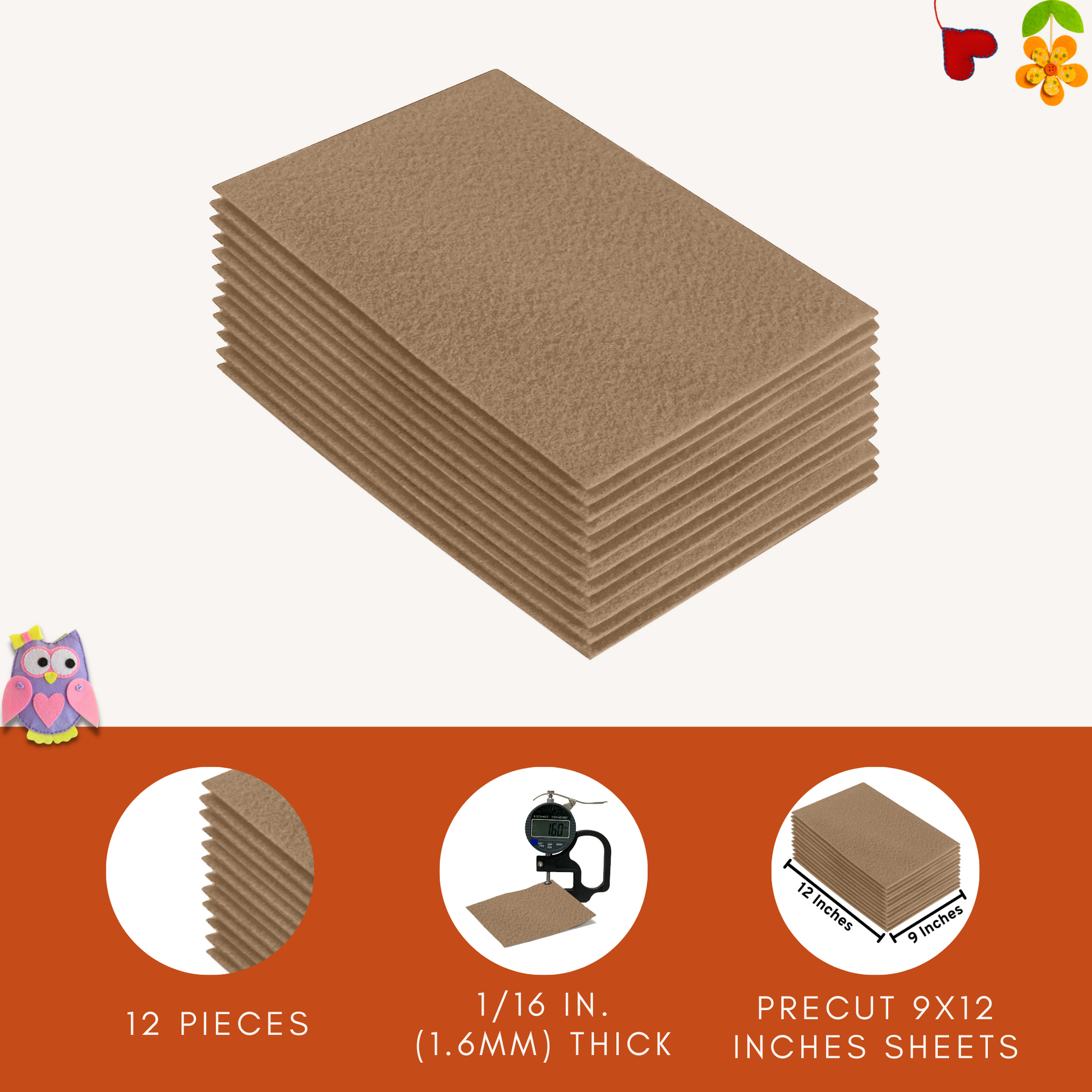 Taupe Felt Fabric Sheets – 9"x12" | Soft & Durable Craft Felt - Prismatic Fiber Arts