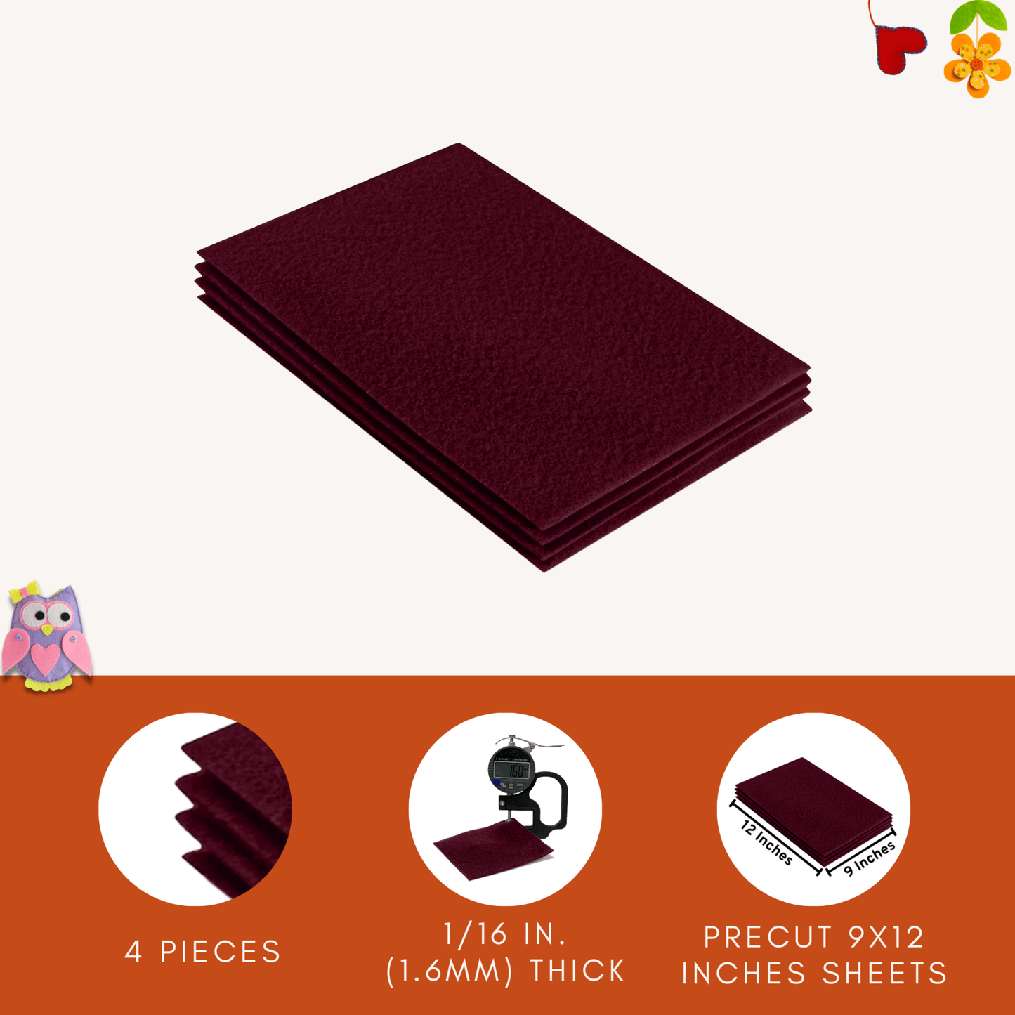 FabricLA Acrylic Felt 9"X12" Sheet Packs | Burgundy - Prismatic Fiber Arts