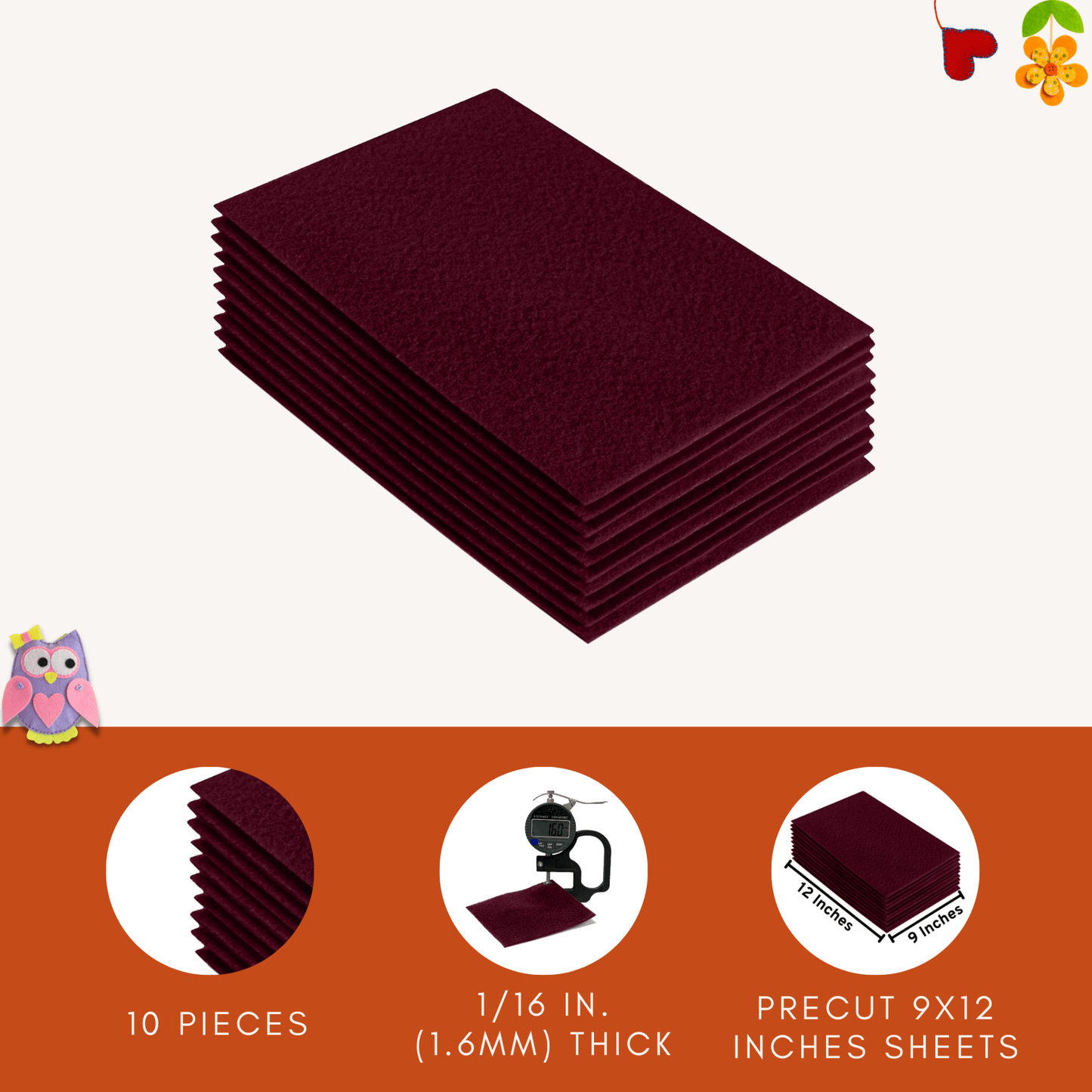 FabricLA Acrylic Felt 9"X12" Sheet Packs | Burgundy - Prismatic Fiber Arts