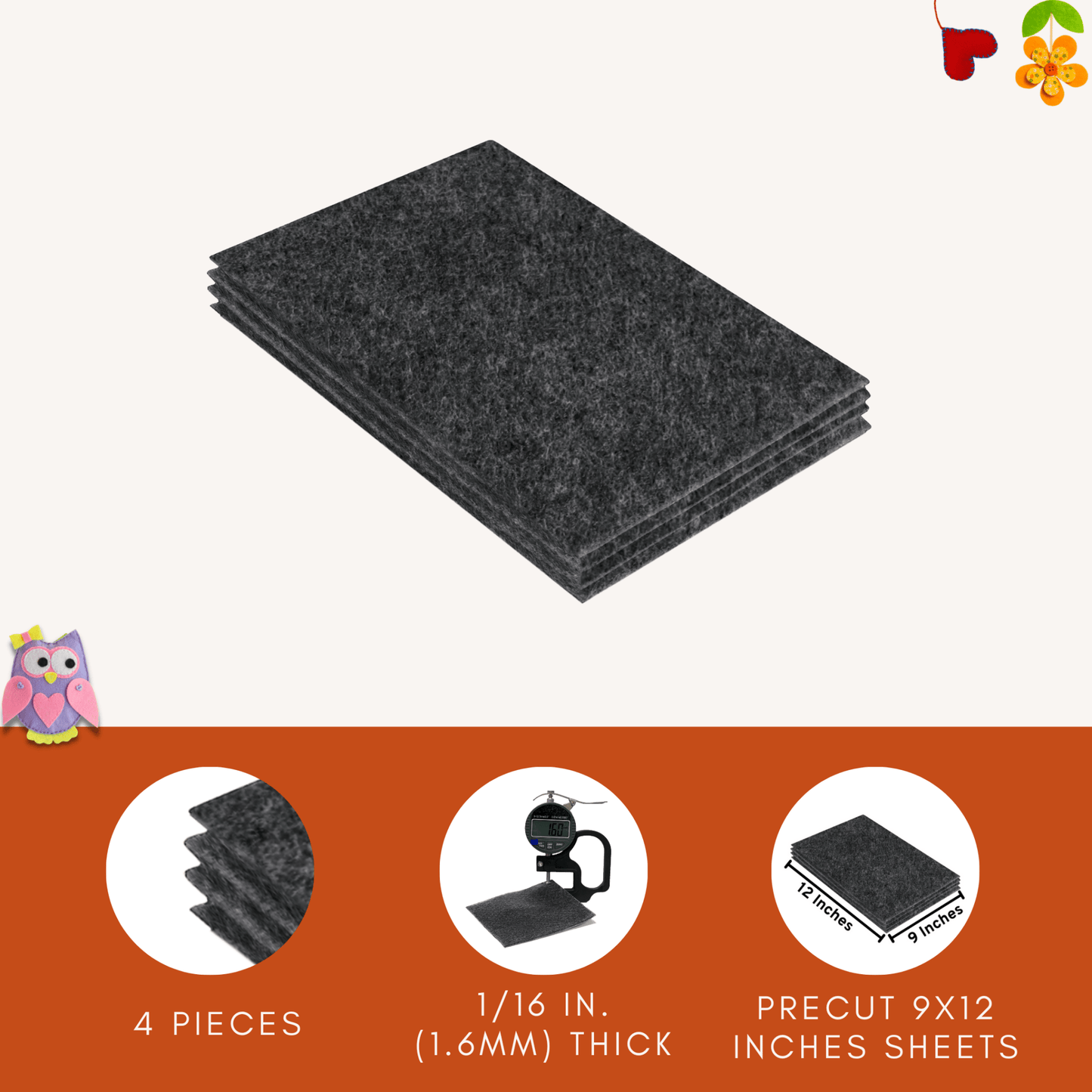 FabricLA Acrylic Felt 9"X12" Sheet Packs | Charcoal - Prismatic Fiber Arts