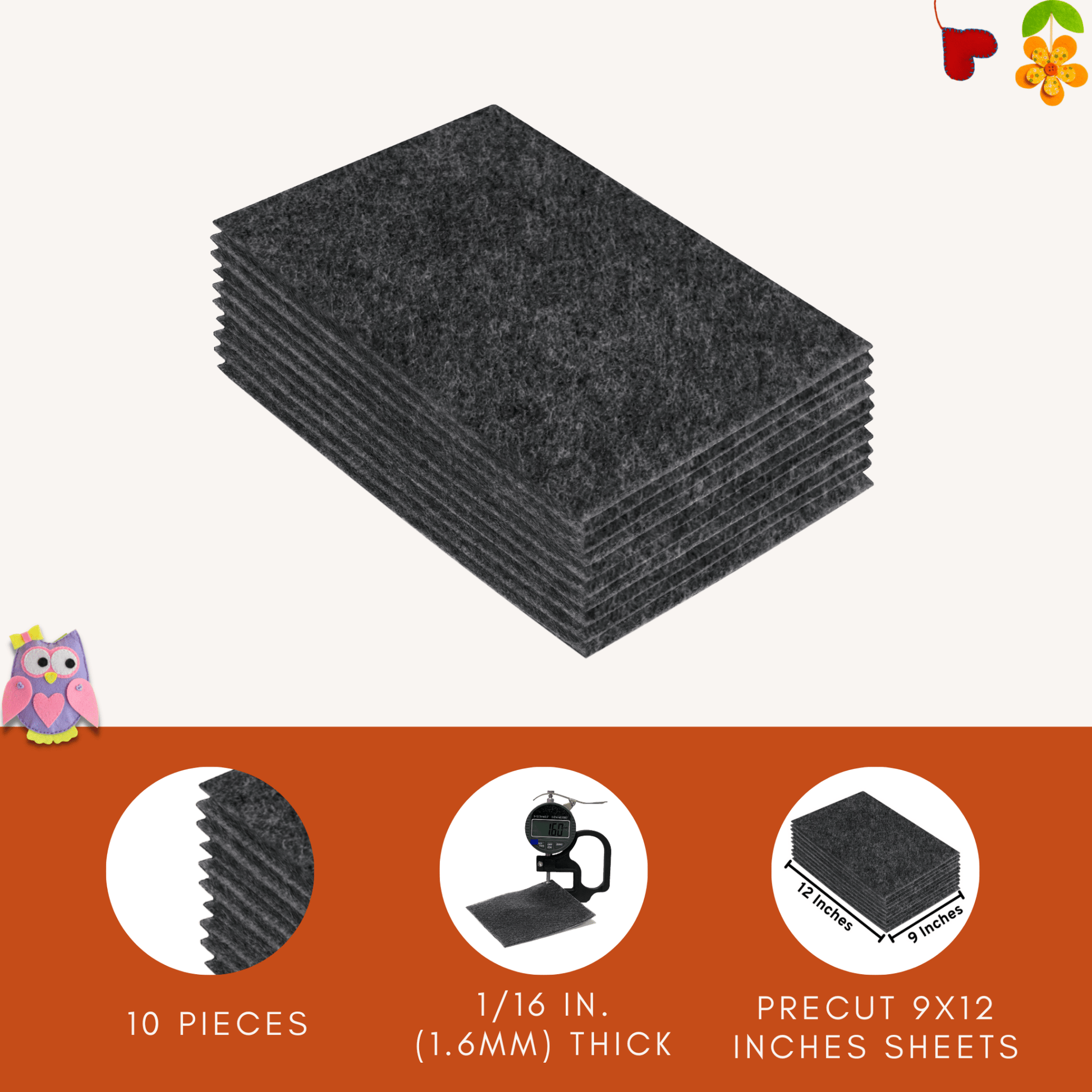 FabricLA Acrylic Felt 9"X12" Sheet Packs | Charcoal - Prismatic Fiber Arts