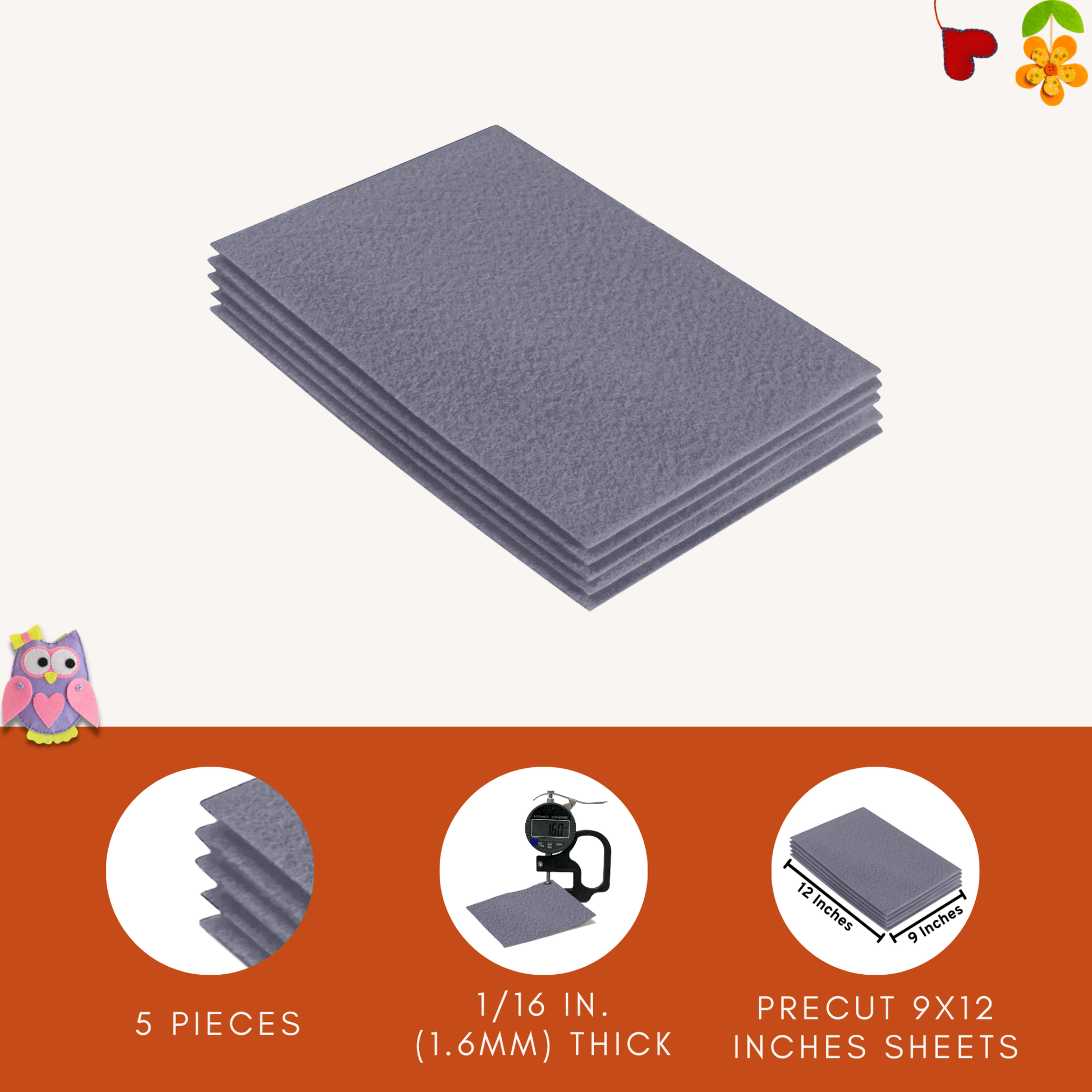 FabricLA Acrylic Felt 9"X12" Sheet Packs | Grey - Prismatic Fiber Arts