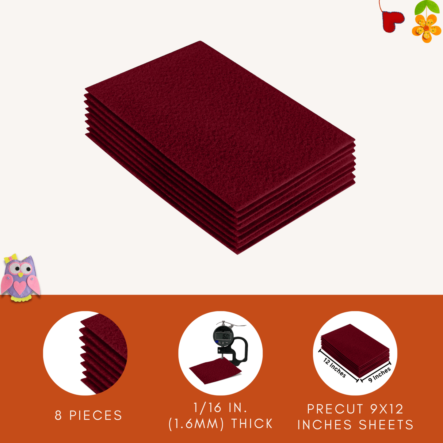 FabricLA Acrylic Felt 9"X12" Sheet Packs | Dark Red - Prismatic Fiber Arts