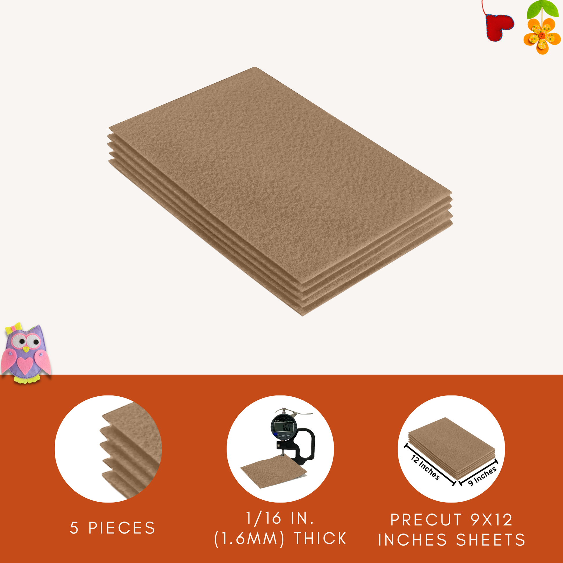Taupe Felt Fabric Sheets – 9"x12" | Soft & Durable Craft Felt - Prismatic Fiber Arts
