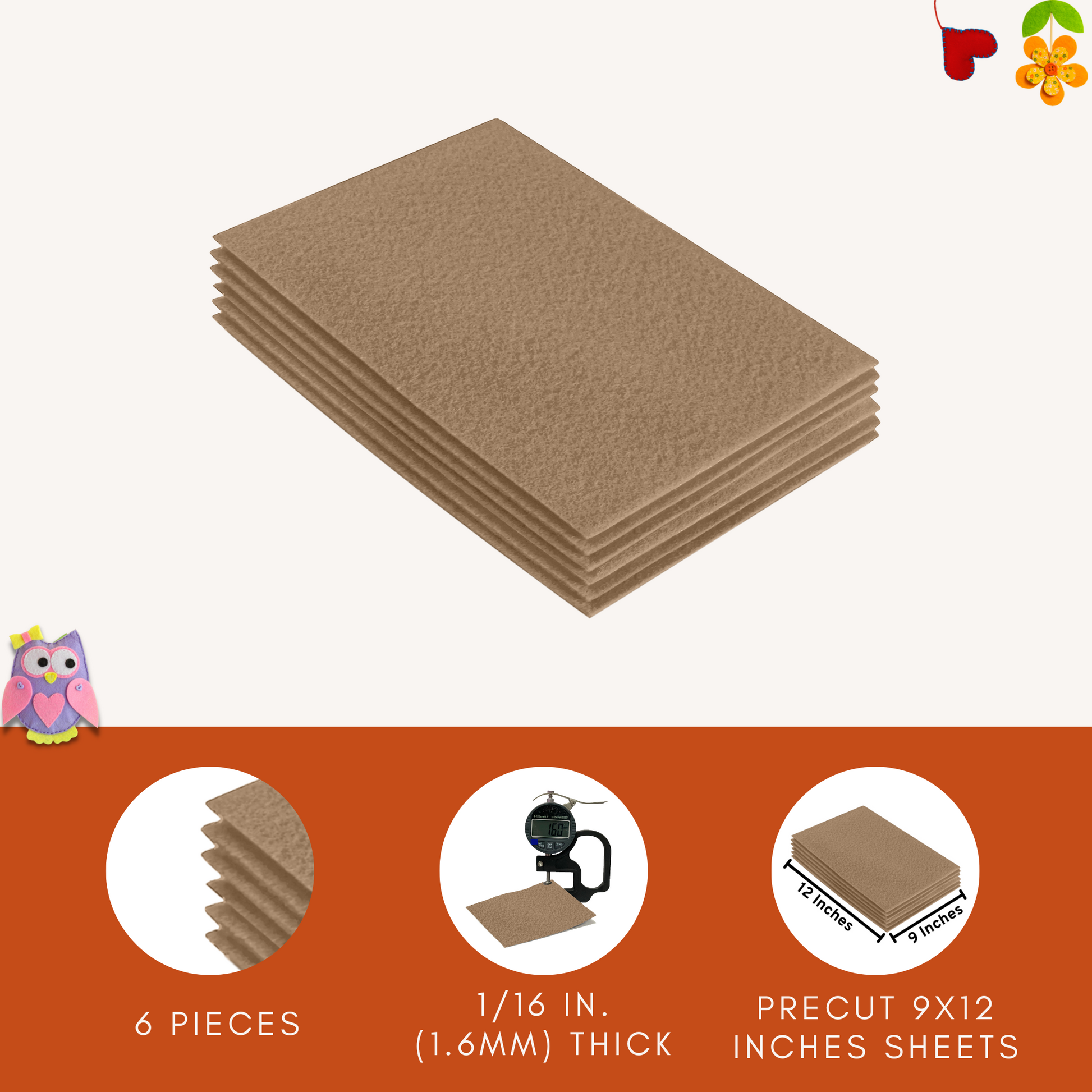 Taupe Felt Fabric Sheets – 9"x12" | Soft & Durable Craft Felt - Prismatic Fiber Arts