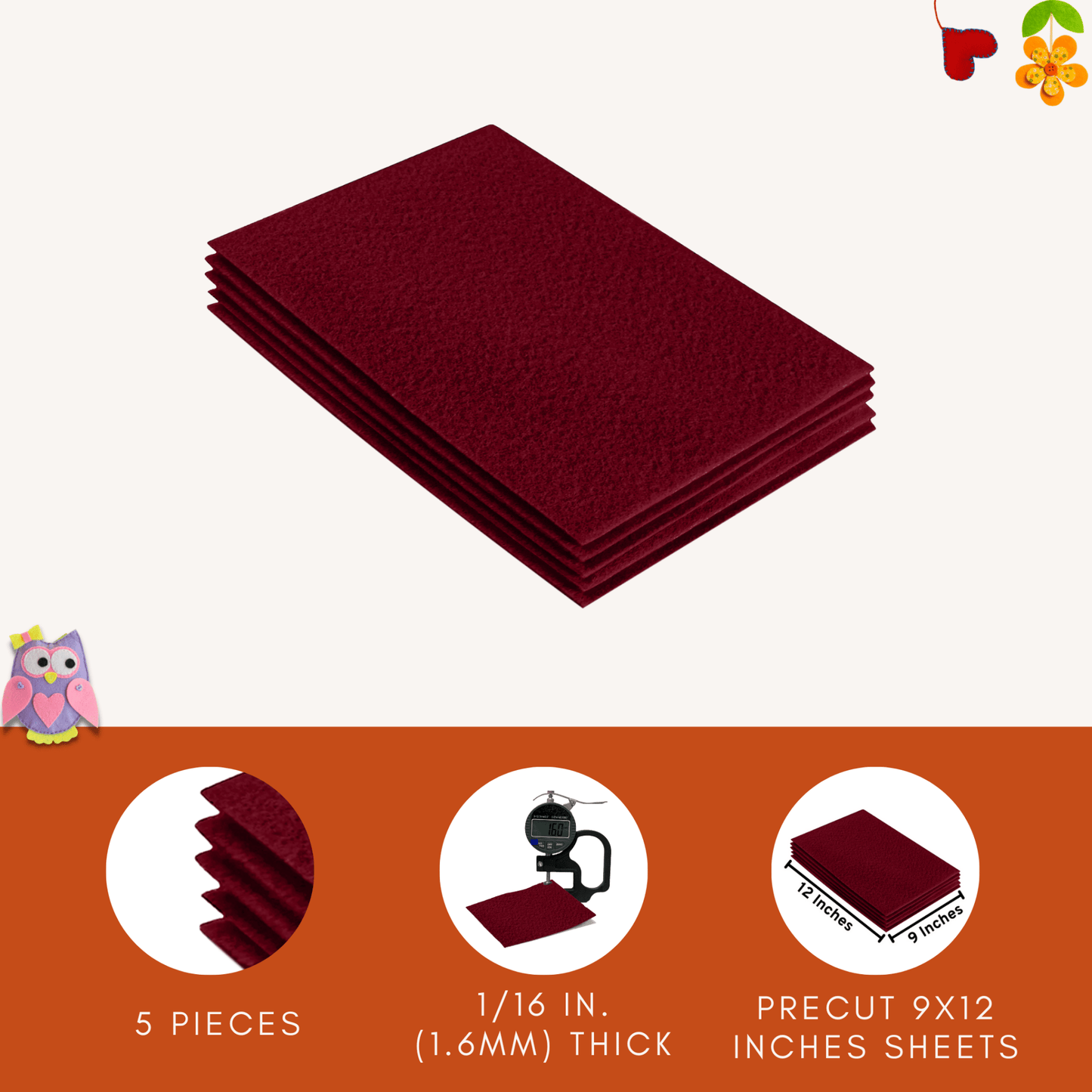 FabricLA Acrylic Felt 9"X12" Sheet Packs | Dark Red - Prismatic Fiber Arts