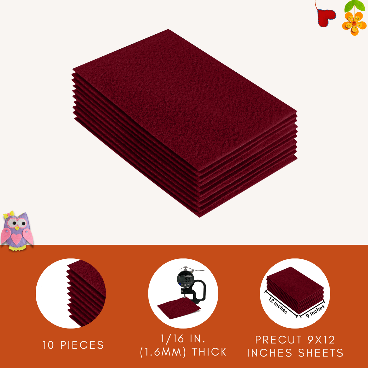 FabricLA Acrylic Felt 9"X12" Sheet Packs | Dark Red - Prismatic Fiber Arts