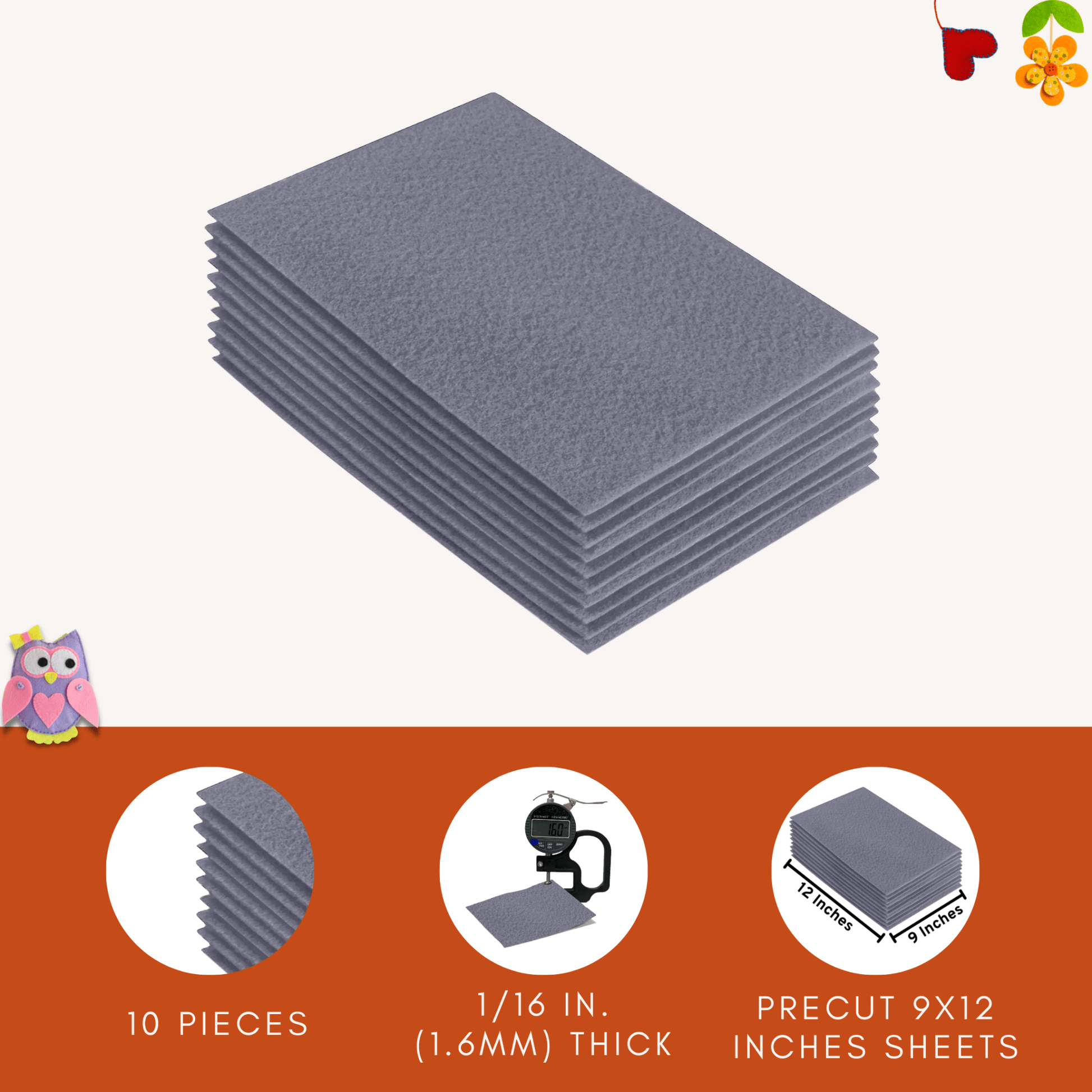 FabricLA Acrylic Felt 9"X12" Sheet Packs | Grey - Prismatic Fiber Arts