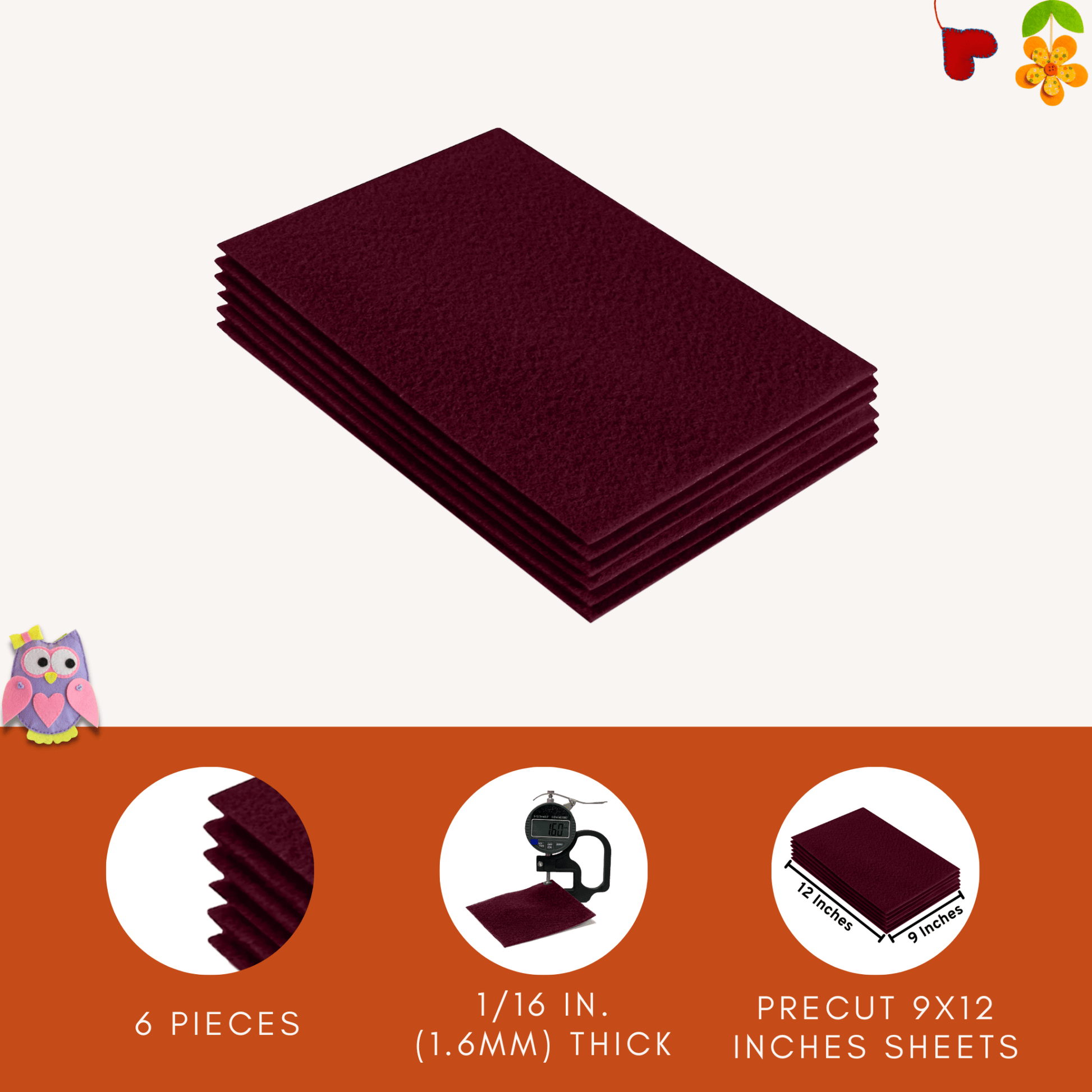 FabricLA Acrylic Felt 9"X12" Sheet Packs | Burgundy - Prismatic Fiber Arts