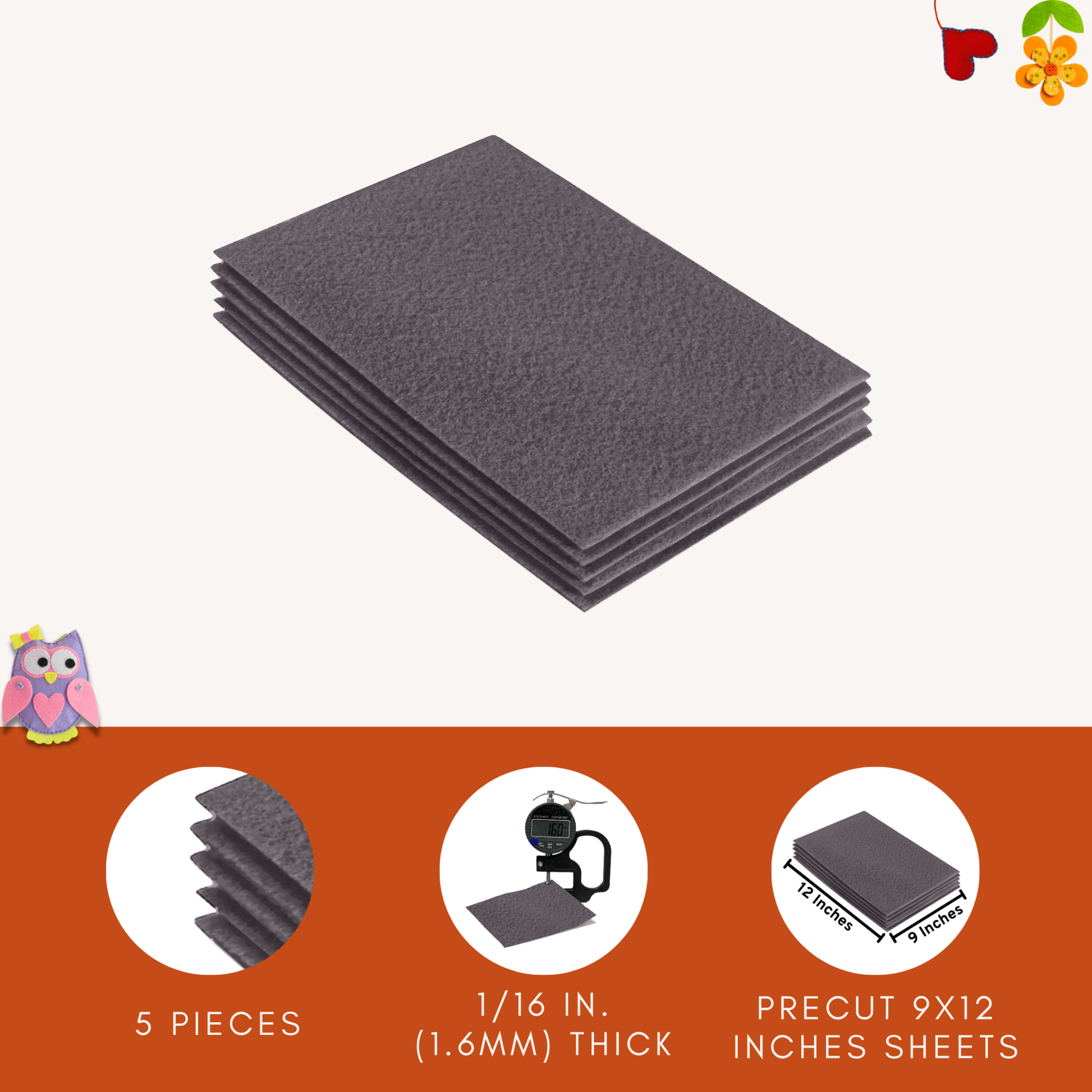 FabricLA Acrylic Felt 9"X12" Sheet Packs | Platinum Gray - Prismatic Fiber Arts