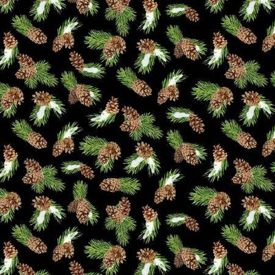 Cardinal Cozy Black Pinecone Toss Cotton 44"/45" Fabric Per Yard - Prismatic Fiber Arts