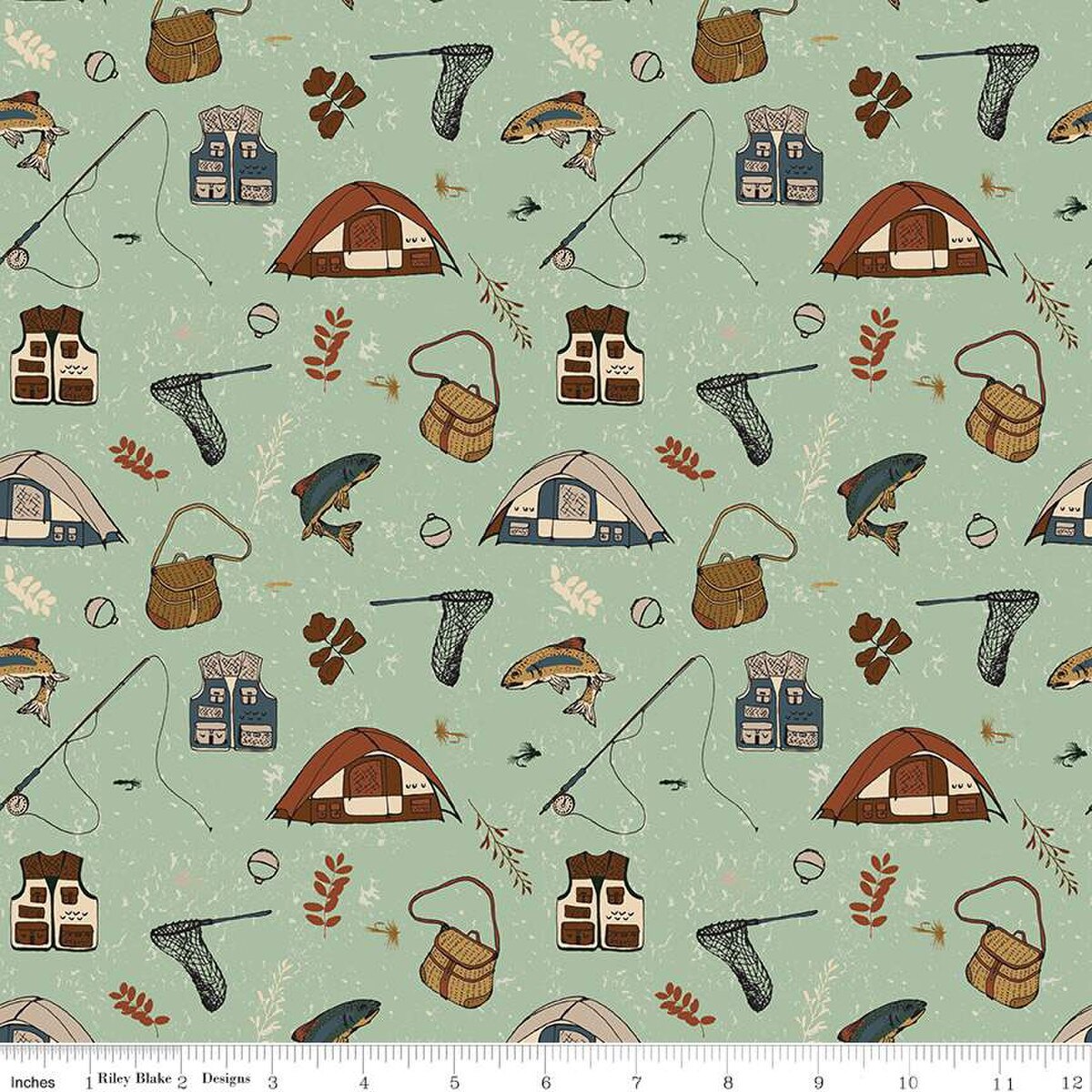 Let's Wander Gone Fishing Sage Cotton 43"/44" Fabric Per Yard - Prismatic Fiber Arts