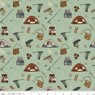 Let's Wander Gone Fishing Sage Cotton 43"/44" Fabric Per Yard - Prismatic Fiber Arts