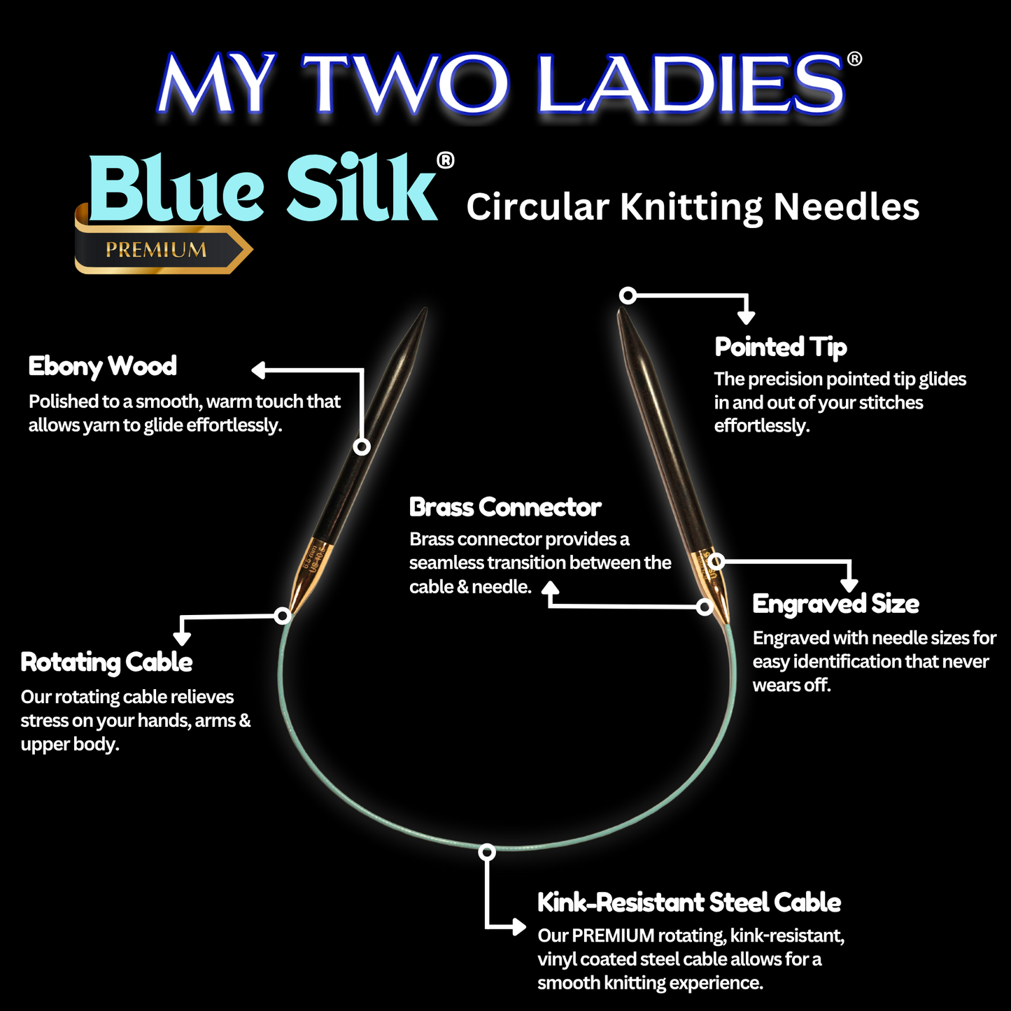 Blue Silk | 12" Circular Knitting Needles | Ebony | 9 Sizes - Prismatic Fiber Arts