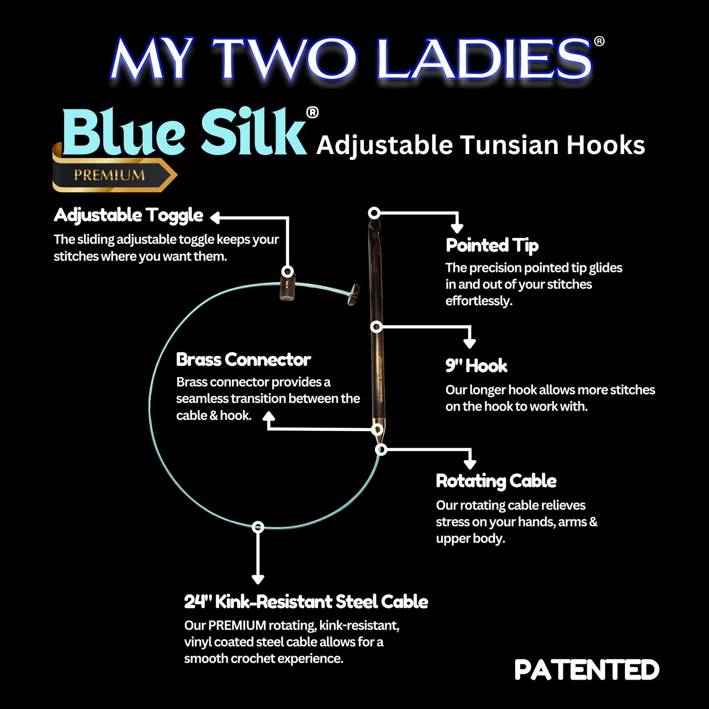 Blue Silk | Tunisian Adjustable Crochet Hook Set | 4 Sizes | H, I, J, K | w/custom case - Prismatic Fiber Arts