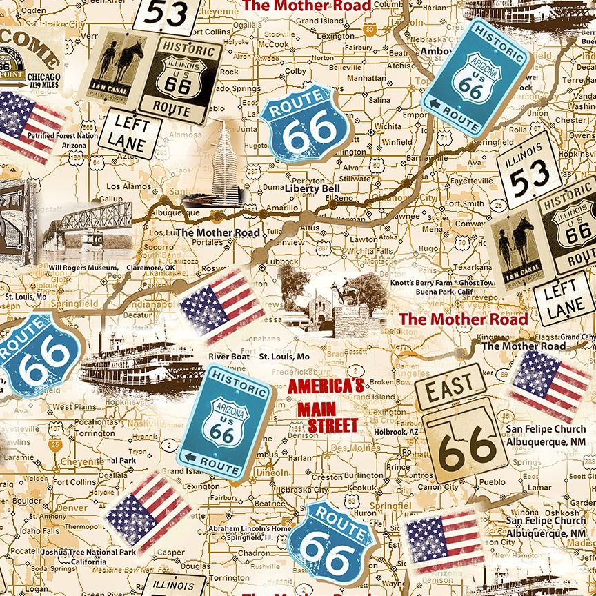 Neutral Route 66 Antique Map Cotton 44"/45" Fabric Per Yard - Prismatic Fiber Arts