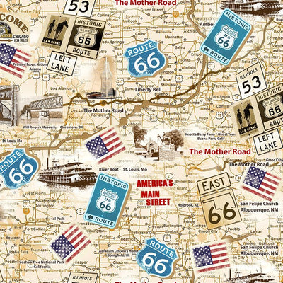 Neutral Route 66 Antique Map Cotton 44"/45" Fabric Per Yard - Prismatic Fiber Arts
