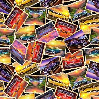 Multi-Color Route 66 Classic Cars on Sunset Cotton 44"/45" Fabric Per Yard - Prismatic Fiber Arts