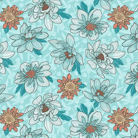Aqua Dahlias at Dusk Floral Toss Cotton 44"/45" Fabric Per Yard - Prismatic Fiber Arts