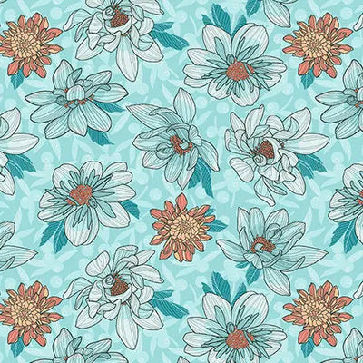 Aqua Dahlias at Dusk Floral Toss Cotton 44"/45" Fabric Per Yard - Prismatic Fiber Arts