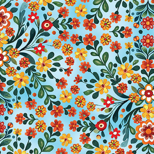 Multi Blue Folklore Garden Sky Cotton 44"/45" Fabric Per Yard - Prismatic Fiber Arts