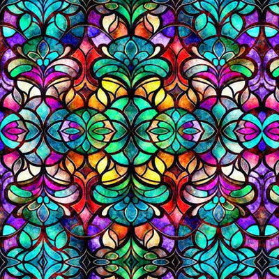 Multi Radiant Reflections Teal Stained Glass Window Wideback Fabric Per Yard - Prismatic Fiber Arts