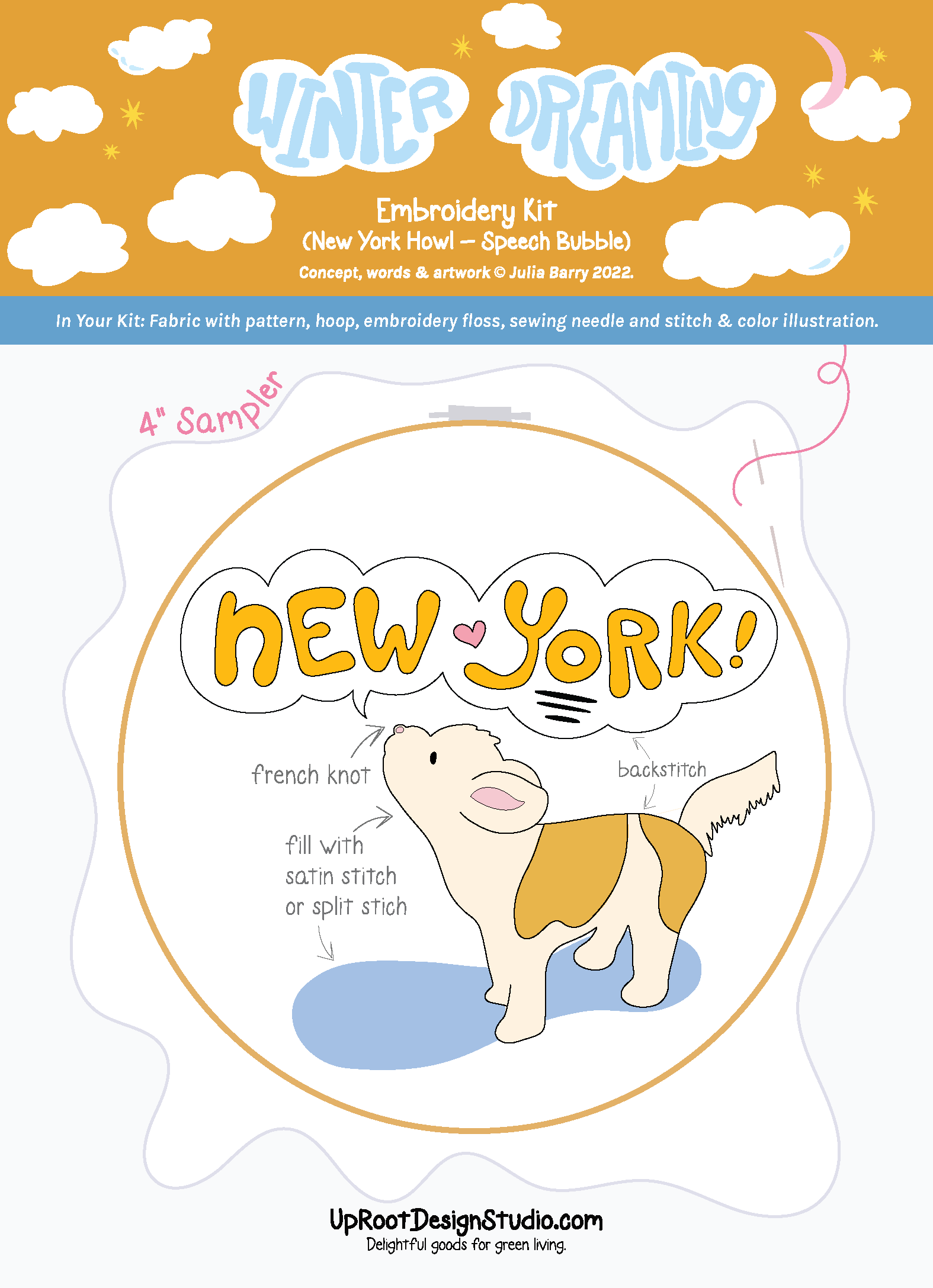 "New York!" Adorable Howling Dog Eco-Embroidery Kit (Joyful Threads / Winter Dreaming) - Prismatic Fiber Arts