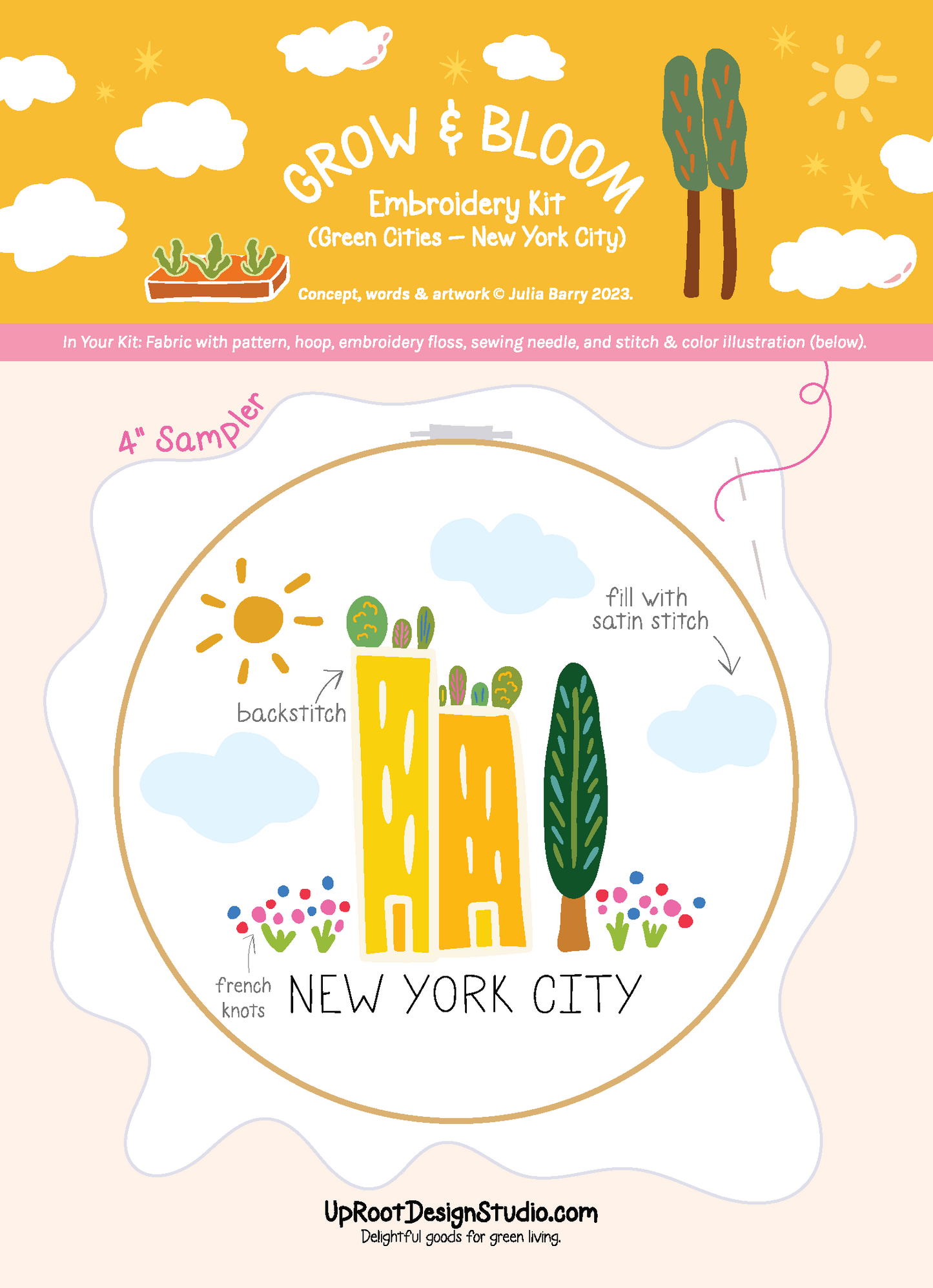"New York City" Green Cities Eco-Embroidery Kit w. Apartment Gardens, Flowers, Clouds, Tree & Sun 4" Sampler (Joyful Threads / Grow & Bloom) - Prismatic Fiber Arts