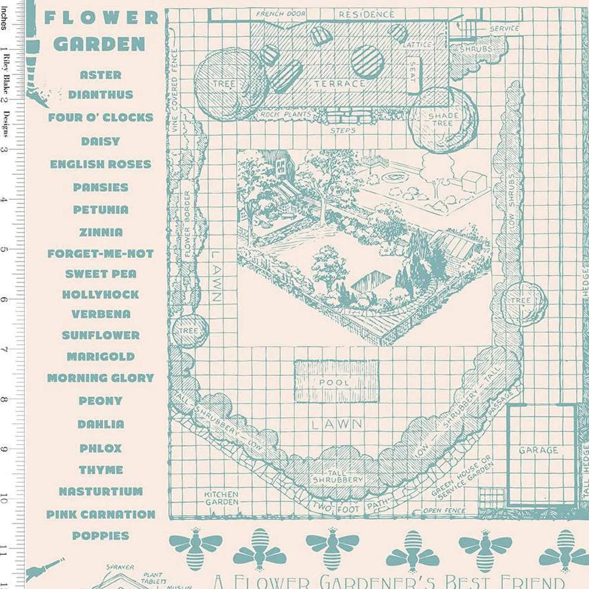 Natural Flower Patch Farmers Almanac Raindrop Wideback Fabric per yard - Prismatic Fiber Arts