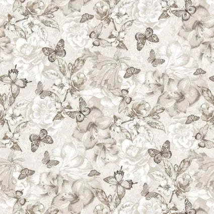 Natural Monotone Butterfly and Floral Cotton Wideback Fabric per yard - Prismatic Fiber Arts
