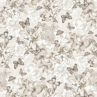 Natural Monotone Butterfly and Floral Cotton Wideback Fabric per yard - Prismatic Fiber Arts
