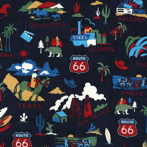 Navy The Mother Road Route 66 Cotton 44"/45" Fabric Per Yard - Prismatic Fiber Arts
