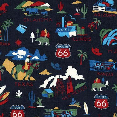 Navy The Mother Road Route 66 Cotton 44"/45" Fabric Per Yard - Prismatic Fiber Arts