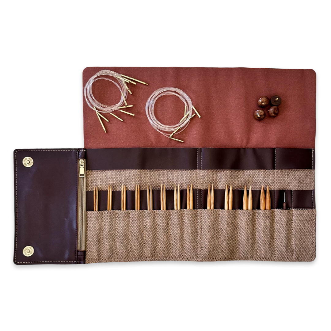 Premium 5 Inch Olive Wood Interchangeable Circular Knitting Needle Set with Carrying Case (29 Piece Set) - Prismatic Fiber Arts