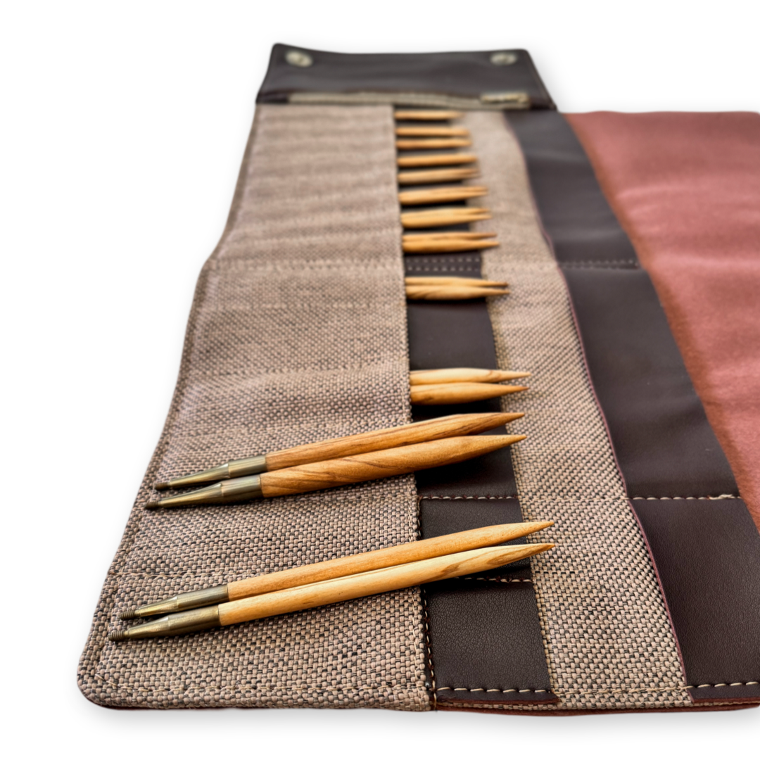 Premium 5 Inch Olive Wood Interchangeable Circular Knitting Needle Set with Carrying Case (29 Piece Set) - Prismatic Fiber Arts